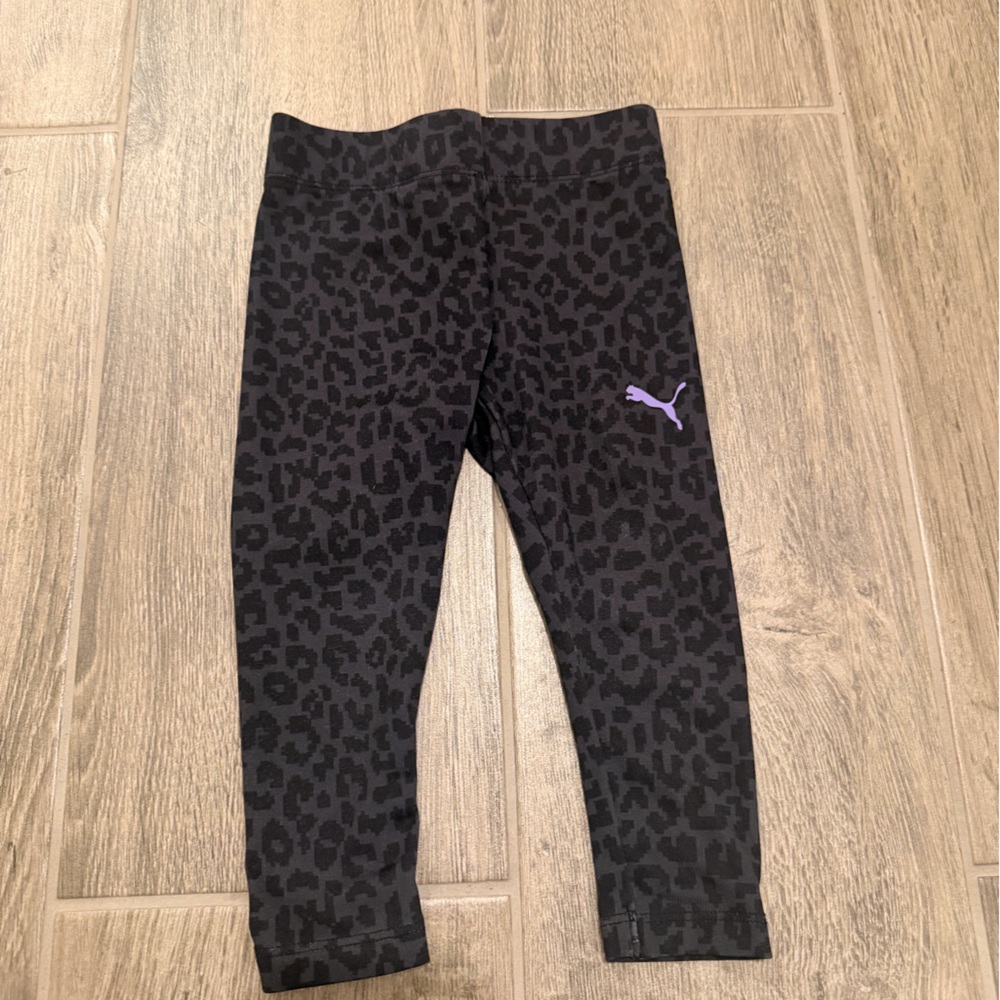 Puma Black Leopard-Print Girls' Leggings with Purple Puma Logo